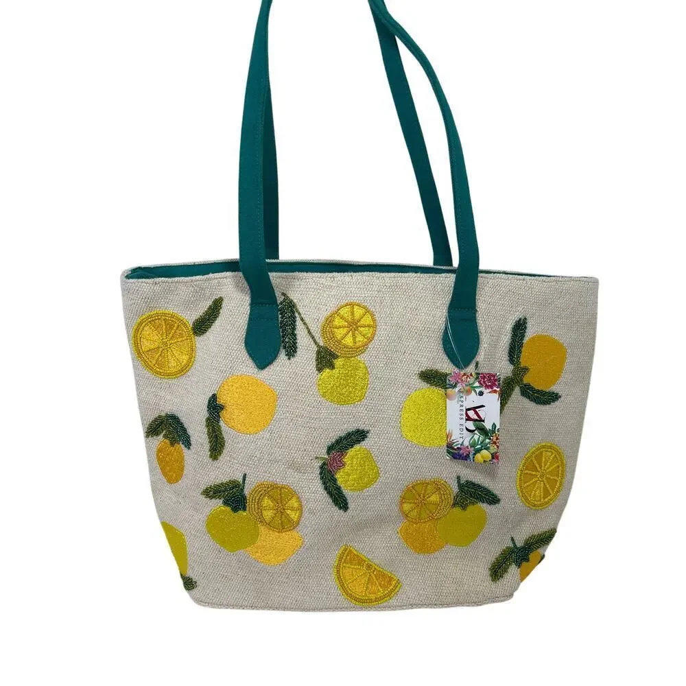 AMERICAN & BEYOND TOTE-LEMON YELLOW‎ HAND BEADED TOTE